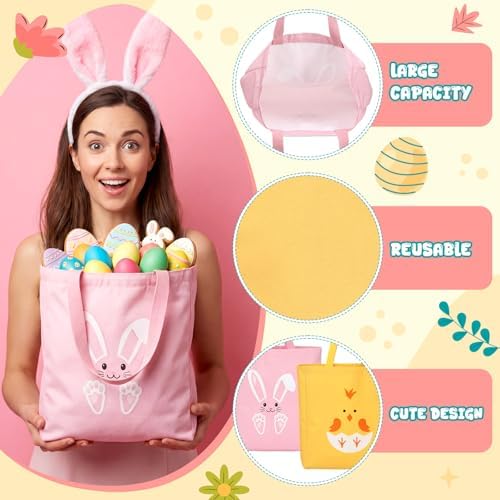 Bolsas de Lona Cosblank para Pascua, 2 Pcs, 13.8'' x 12'', con Conejo y Pollito, Reutilizables para Regalos y Caza de Huevos de Pascua - imagen 4