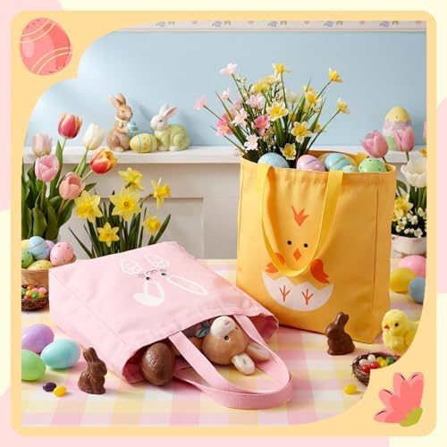 Bolsas de Lona Cosblank para Pascua, 2 Pcs, 13.8'' x 12'', con Conejo y Pollito, Reutilizables para Regalos y Caza de Huevos de Pascua - imagen 5