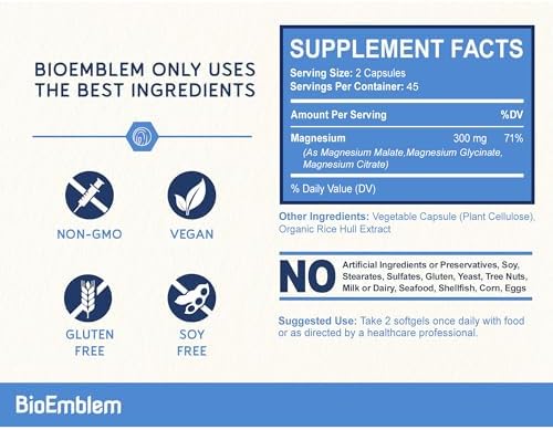 BioEmblem Complejo Triple de Magnesio | 300mg de Glicinato, Malato y Citrato de Magnesio | Alta Absorción, Vegano, Sin OGM, Sin Gluten | 90 Cápsulas - imagen 6