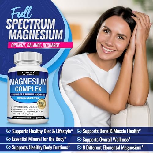 Suplemento de Complejo de Magnesio 1000mg - Magnesio Glicinato, Citrato, Malato, Taurato, Quelado para Absorción Fácil, Huesos, Músculos, - imagen 2