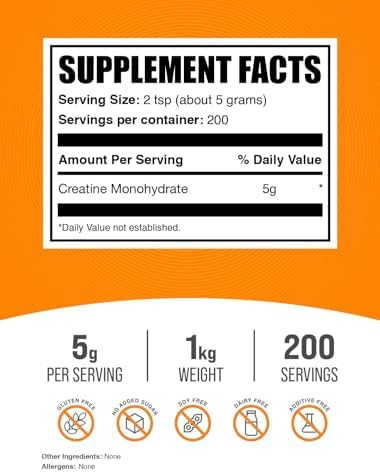 Creatina Monohidratada en Polvo BulkSupplements.com - Creatina Micronizada Sin Sabor, Pura y Libre de Gluten, 5g por Porción, 1kg (2.2 lbs) - imagen 2