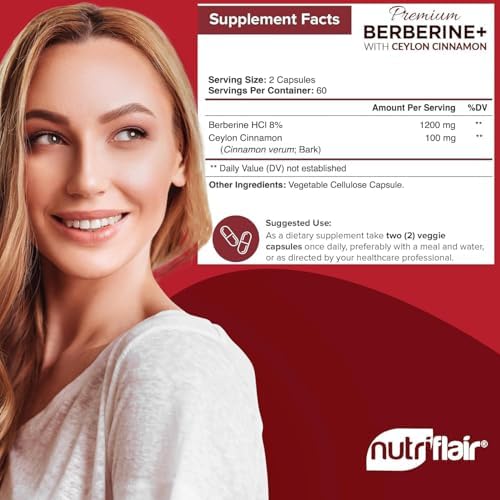NutriFlair Berberina HCL Premium 1200mg, 120 Cápsulas - Con Canela de Ceilán Pura - Suplemento para el Sistema Inmunológico - Hecho en EE. UU. - imagen 2