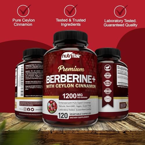 NutriFlair Berberina HCL Premium 1200mg, 120 Cápsulas - Con Canela de Ceilán Pura - Suplemento para el Sistema Inmunológico - Hecho en EE. UU. - imagen 5