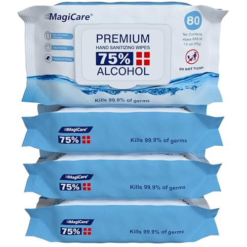 Toallitas de Alcohol MagiCare 75% Grandes (4 Paquetes de 80ct, 320ct) - Toallitas Desinfectantes Sin Fragancia para Manos - Viaje, Hogar, Oficina, - imagen 1