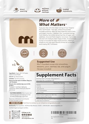 Micro Ingredients Polvo de Aceite MCT Orgánico con Fibra Prebiótica, 1 Libra (16 Onzas) | Aceite MCT C8 para Crema de Café | Sin OGM, Keto, Vegano - imagen 7