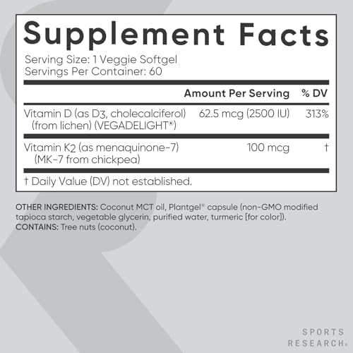 Vitaminas D3 + K2 de Sports Research® con Aceite de Coco - Vitamina D Vegana 2500iu (62.5mcg) y Vitamina K Mk7 100mcg para Huesos e Inmunidad - 60 - imagen 5