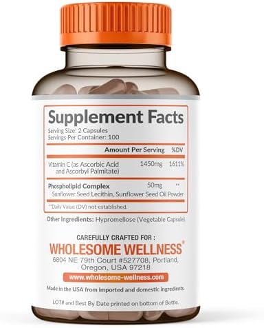 Cápsulas de Vitamina C Liposomal Wholesome Wellness (200 píldoras 1500mg) Alta Absorción, Refuerzo Inmunológico y de Colágeno, Soporte Inmunitario - imagen 2