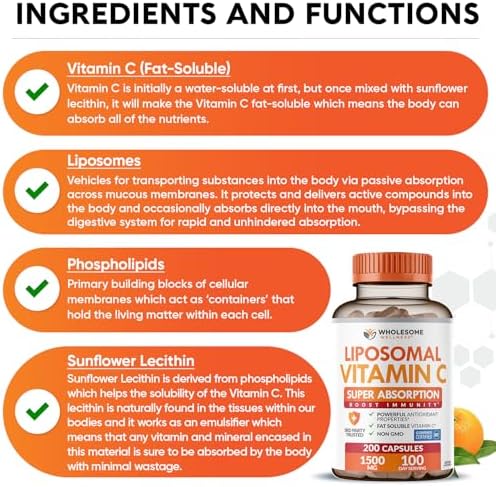 Cápsulas de Vitamina C Liposomal Wholesome Wellness (200 píldoras 1500mg) Alta Absorción, Refuerzo Inmunológico y de Colágeno, Soporte Inmunitario - imagen 4