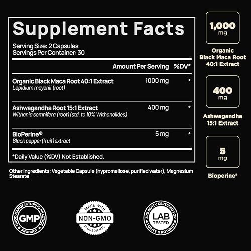 Cápsulas de Maca Negra Orgánica 40x con Ashwagandha - Suplemento para Hombres 40:1 - 100% Maca Peruana Gelatinizada en Polvo - imagen 2