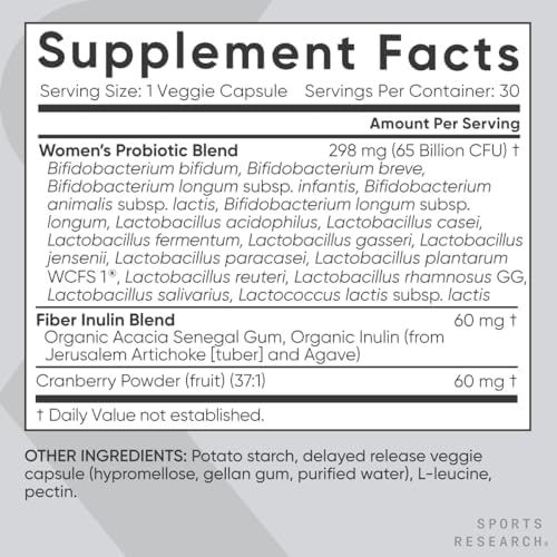 Probioticos para Mujeres Sports Research con Prebioticos, 65 Mil millones CFU - Cápsulas Veganas para Salud Digestiva - 30 Contenido - imagen 5