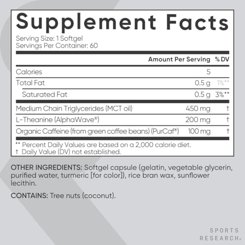 Suplemento de L-Theanina de Sports Research con Cafeína y Aceite MCT de Coco - Energía Enfocada, Alerta y Relajación Sin Somnolencia - 200mg - imagen 5