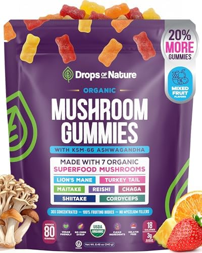 Gomitas Orgánicas Drops Of Nature con Melena de León y Ashwagandha – Mezcla de 8 Hongos (Frutas Mixtas, 80 Ositos) - imagen 1