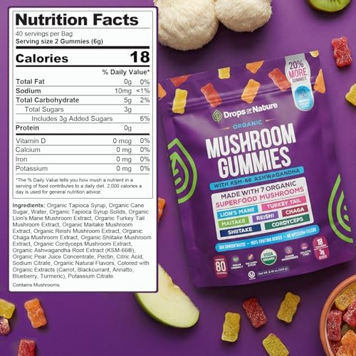 Gomitas Orgánicas Drops Of Nature con Melena de León y Ashwagandha – Mezcla de 8 Hongos (Frutas Mixtas, 80 Ositos) - imagen 3