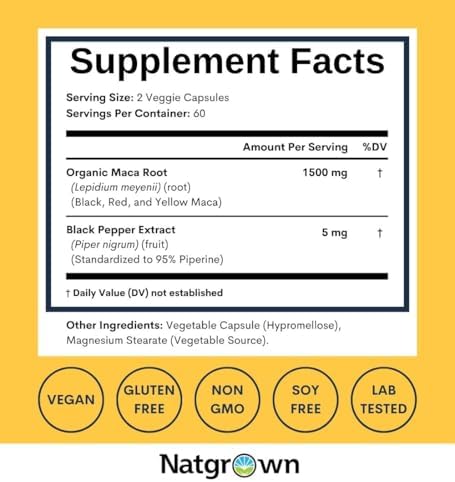 Cápsulas de Polvo de Raíz de Maca Orgánica Natgrown - Negra, Roja y Amarilla - 1500 mg por Porción - Suplemento Vegano Gelatinizado - 120 Contenidos - imagen 2