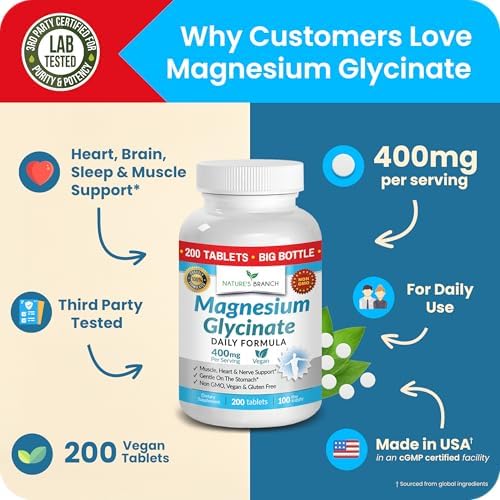 Glicinato de Magnesio 400mg | 200 Tabletas | Suplemento de Magnesio de Alta Absorción para Sueño, Calambres, Corazón y Músculos | Extra Fuerte para - imagen 5
