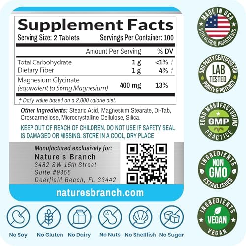 Glicinato de Magnesio 400mg | 200 Tabletas | Suplemento de Magnesio de Alta Absorción para Sueño, Calambres, Corazón y Músculos | Extra Fuerte para - imagen 6