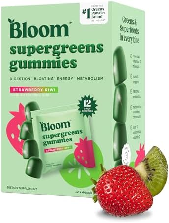 Gomitas Bloom Super Greens, Suplemento diario de fibra con frutas y verduras para salud digestiva, sabor fresa y kiwi, 12 porciones (48 en total) - imagen 1