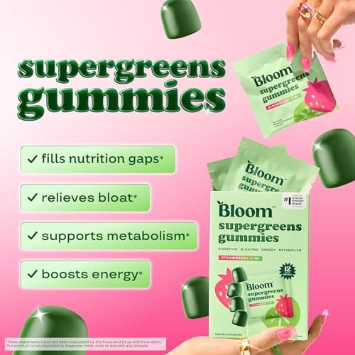 Gomitas Bloom Super Greens, Suplemento diario de fibra con frutas y verduras para salud digestiva, sabor fresa y kiwi, 12 porciones (48 en total) - imagen 2