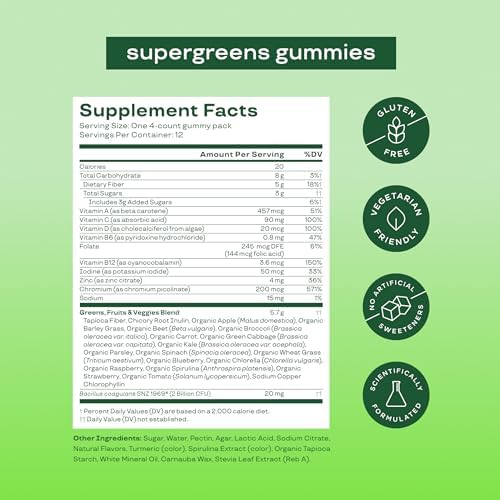 Gomitas Bloom Super Greens, Suplemento diario de fibra con frutas y verduras para salud digestiva, sabor fresa y kiwi, 12 porciones (48 en total) - imagen 4