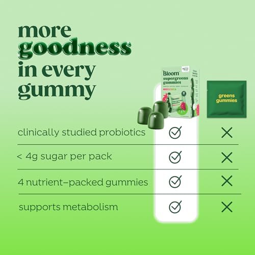 Gomitas Bloom Super Greens, Suplemento diario de fibra con frutas y verduras para salud digestiva, sabor fresa y kiwi, 12 porciones (48 en total) - imagen 5
