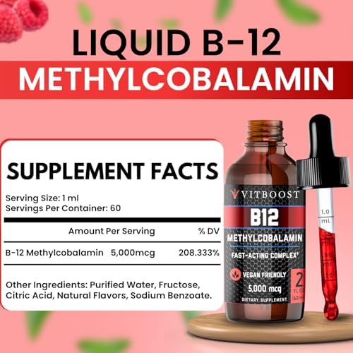 VITBOOST Gotas Líquidas Veganas de B-12 – 60 x 5000 mcg Suplemento Sublingual de Methylcobalamin Sabor Frambuesa | Máxima Absorción y Energía | Sin - imagen 2