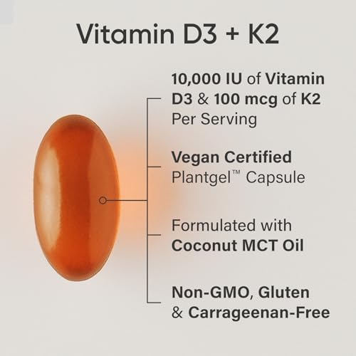 Vitaminas D3 y K2 de Sports Research® con 10,000iu de D3 de origen vegetal y 100mcg de K2 como MK-7 | Verificado No GMO y Certificado Vegano 60ct - imagen 2