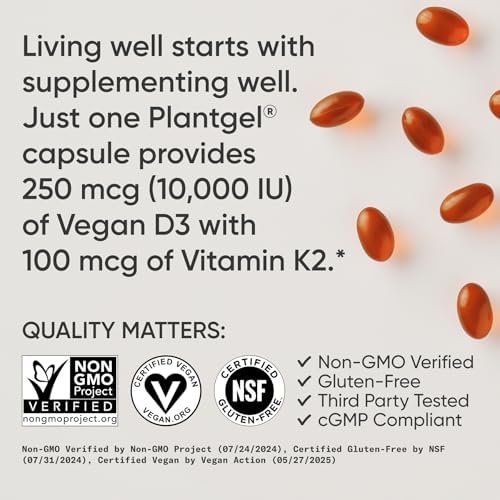 Vitaminas D3 y K2 de Sports Research® con 10,000iu de D3 de origen vegetal y 100mcg de K2 como MK-7 | Verificado No GMO y Certificado Vegano 60ct - imagen 4