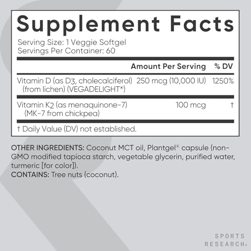 Vitaminas D3 y K2 de Sports Research® con 10,000iu de D3 de origen vegetal y 100mcg de K2 como MK-7 | Verificado No GMO y Certificado Vegano 60ct - imagen 5
