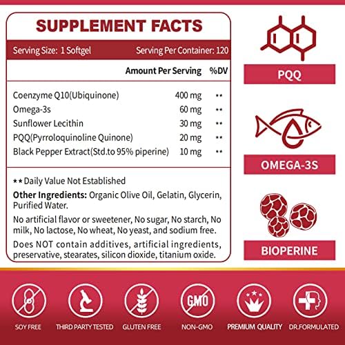 ZEBORA CoQ10 400mg Softgels con PQQ, BioPerine y Omega-3, Suplemento de Coenzima Q10 para Alta Absorción, Antioxidante Potente, 120 Porciones - imagen 3