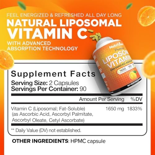 Suplemento de Vitamina C Liposomal Premium Nutrivein 1650mg - 180 Cápsulas: Alta Absorción y Dosis para Defensas del Cuerpo y Bienestar General - imagen 2
