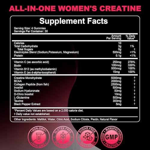 Creatina para Mujeres, Gomas de Creatina Monohidratada con Colágeno, BCAA, L-Carnitina y Taurina, Sabor Fresa, Suplemento Energético Sin Azúcar, 120 - imagen 8