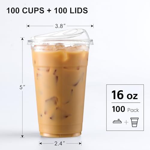AOZITA Paquete de 100 Vasos Plásticos de 16 oz con Tapas Sin Popote, Vasos Desechables Transparentes para Café Frío, Smoothies y Bebidas Frías - imagen 2