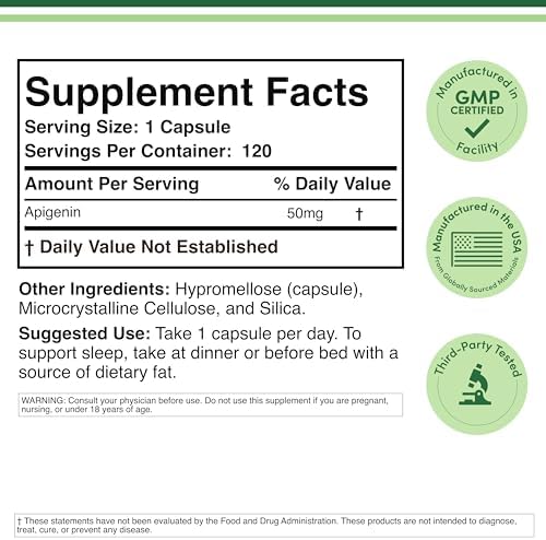 Suplemento de Apigenina - 50mg por Cápsula, 120 Contenidos (Bioflavonoide Potente de Té de Manzanilla para Relajación, Sueño y Ánimo) Flavonoles - imagen 2