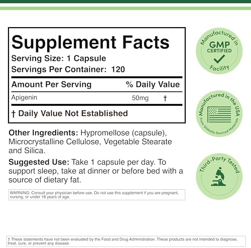 Suplemento de Apigenina - 50mg por Cápsula, 120 Contenidos (Bioflavonoide Potente de Té de Manzanilla para Relajación, Sueño y Ánimo) Flavonoles - imagen 4