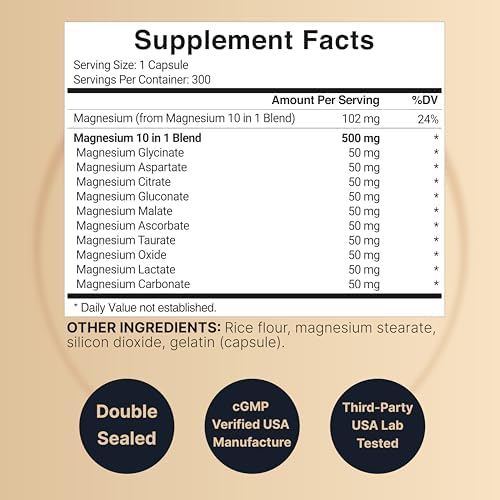 Complejo de Magnesio 500mg, 300 Cápsulas | 10 en 1: Glicinato, Citrato, Malato y Más | Forma Quelada para Fácil Absorción | No Transgénico - imagen 2
