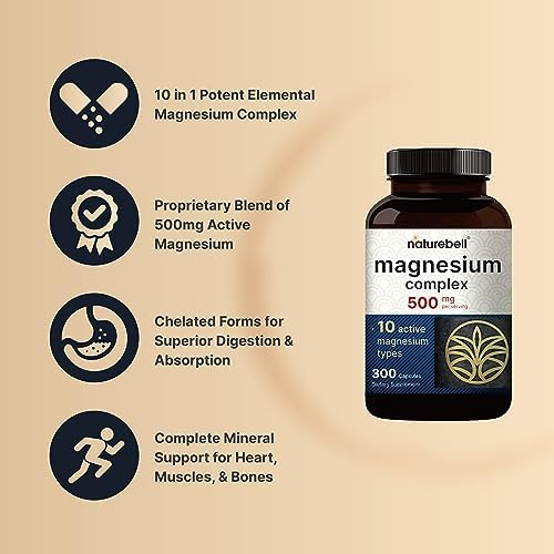 Complejo de Magnesio 500mg, 300 Cápsulas | 10 en 1: Glicinato, Citrato, Malato y Más | Forma Quelada para Fácil Absorción | No Transgénico - imagen 3