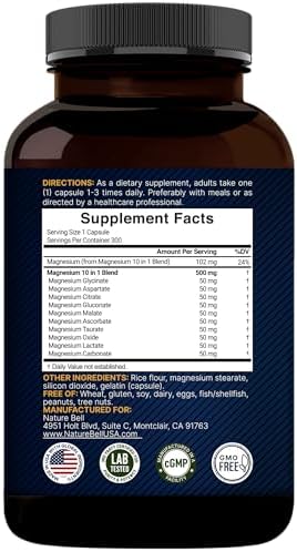 Complejo de Magnesio 500mg, 300 Cápsulas | 10 en 1: Glicinato, Citrato, Malato y Más | Forma Quelada para Fácil Absorción | No Transgénico - imagen 8