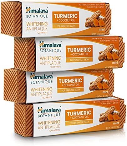 Pasta Dental Herbal Himalaya Botanique con Cúrcuma y Aceite de Coco, Blanqueadora, Sin Flúor, SLS y Sabores Artificiales, Vegana, 4 Oz, Paquete de 4 - imagen 1