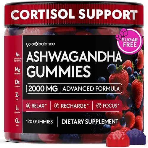 Gomitas de Ashwagandha – 120 piezas - 2000 MG de suplementos con L-Theanina, GABA, Magnesio, Zinc y Vitamina D3 – Sin azúcar, Veganas, No OGM – Apoyo - imagen 1