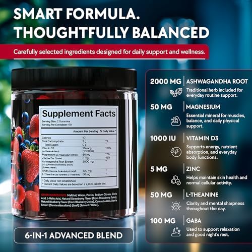 Gomitas de Ashwagandha – 120 piezas - 2000 MG de suplementos con L-Theanina, GABA, Magnesio, Zinc y Vitamina D3 – Sin azúcar, Veganas, No OGM – Apoyo - imagen 4