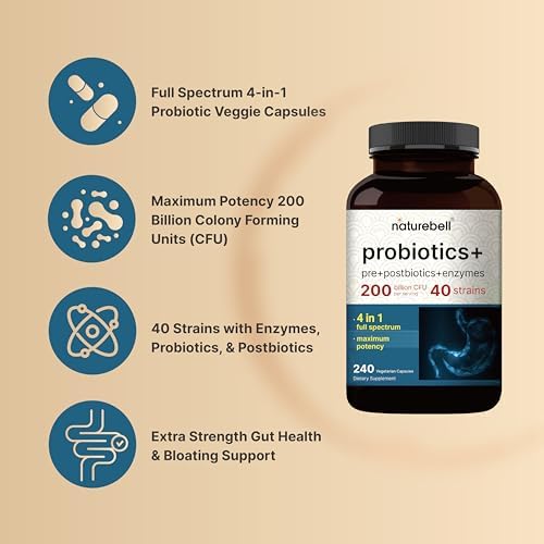 NatureBell Probiótico 200 Mil Millones CFU – 40 Cepas por Porción | 240 Cápsulas Veganas con Prebióticos y Probióticos – Complejo de Espectro - imagen 3