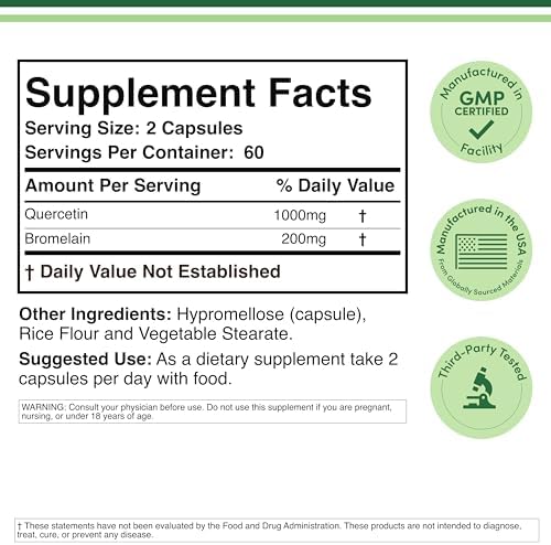 Quercetina con Bromelina - 96% Alta Pureza - 120 Cápsulas (1,200mg por Porción) - Apoya la Salud Inmunológica en Hombres y Mujeres (Vegano, Terceros - imagen 2