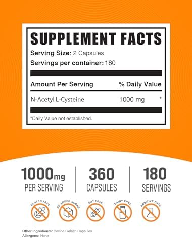 BulkSupplements.com N-Acetil L-Cisteína 1000mg Cápsulas - Suplemento de NAC 1000mg, Libre de Gluten - 2 Cápsulas por Porción, 360 Cápsulas (Paquete - imagen 2