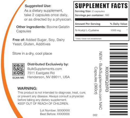 BulkSupplements.com N-Acetil L-Cisteína 1000mg Cápsulas - Suplemento de NAC 1000mg, Libre de Gluten - 2 Cápsulas por Porción, 360 Cápsulas (Paquete - imagen 6