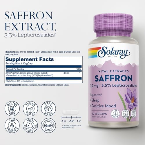 Extracto de Azafrán SOLARAY - Apoyo para el Sueño y el Ánimo Positivo - Suplementos Veganos y Sin Gluten - Verificado en Laboratorio - 30 VegCaps, 30 - imagen 2