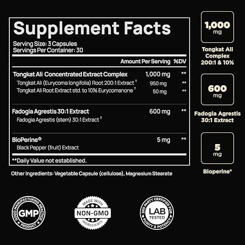 Suplemento de Tongkat Ali 200x para Hombres con Extracto de Fadogia Agrestis - 10% Eurycomanone - Mayor Potencia para Crecimiento Muscular y Aumento - imagen 2