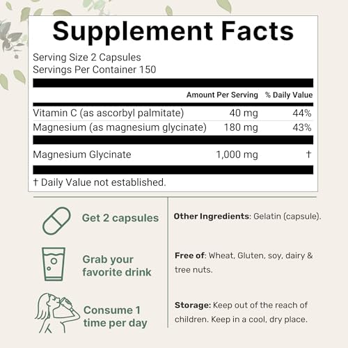 Glicinato de Magnesio Puro 1,000mg, 300 Cápsulas | 100% Quelado para Máxima Absorción | Enriquecido con Vitamina C | Solo Ingredientes Activos - imagen 2