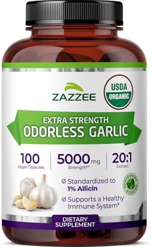 Zazzee Extracto de Ajo Orgánico USDA Sin Olor 20:1, 1% Alicina, 100 Cápsulas Veganas, Suministro de 3+ Meses, Apoyo Inmunológico y Cardiovascular, - imagen 1