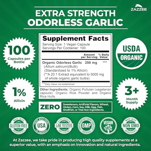 Zazzee Extracto de Ajo Orgánico USDA Sin Olor 20:1, 1% Alicina, 100 Cápsulas Veganas, Suministro de 3+ Meses, Apoyo Inmunológico y Cardiovascular, - imagen 3
