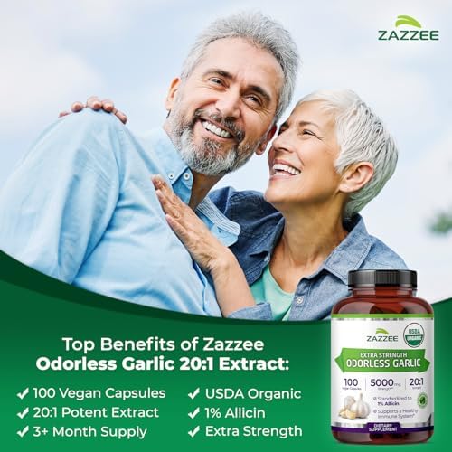 Zazzee Extracto de Ajo Orgánico USDA Sin Olor 20:1, 1% Alicina, 100 Cápsulas Veganas, Suministro de 3+ Meses, Apoyo Inmunológico y Cardiovascular, - imagen 4